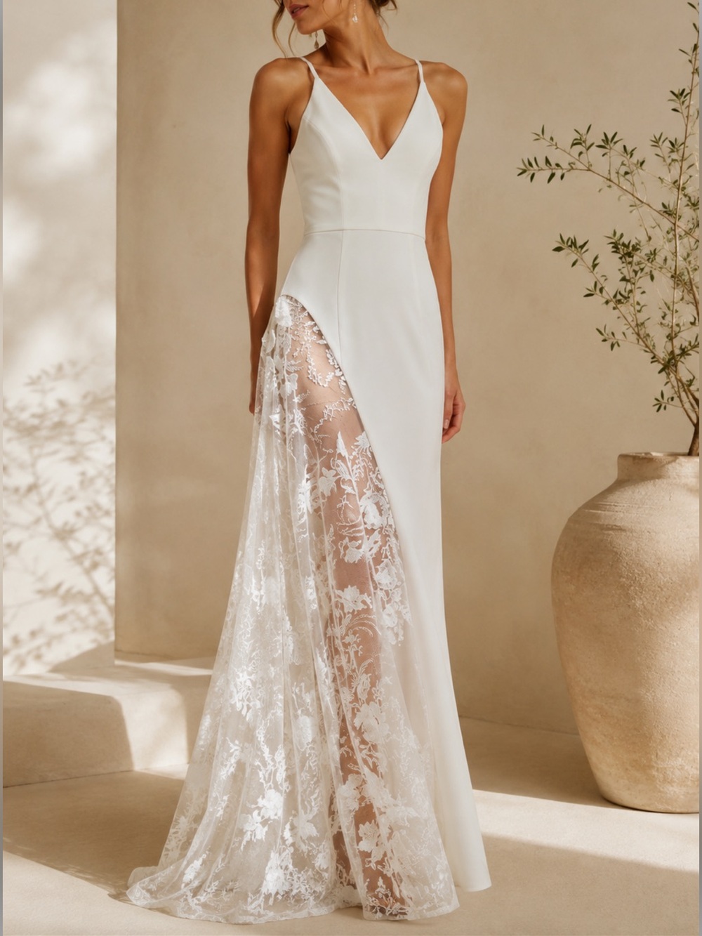 Dress The Population Gianna Lace Panel Crepe Gown Madi Dress White Small